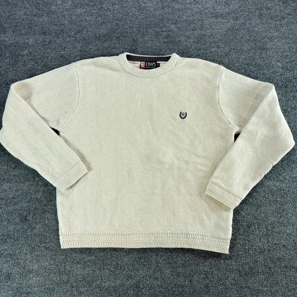 Chaps Ralph Lauren Mens Medium Cream Chevron Knit Crewneck Cotton Sweater Chunky